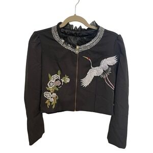 Y2K Cropped Jacket Embroidered Lara Valentina Crane Floral Ruffle Neck Size M